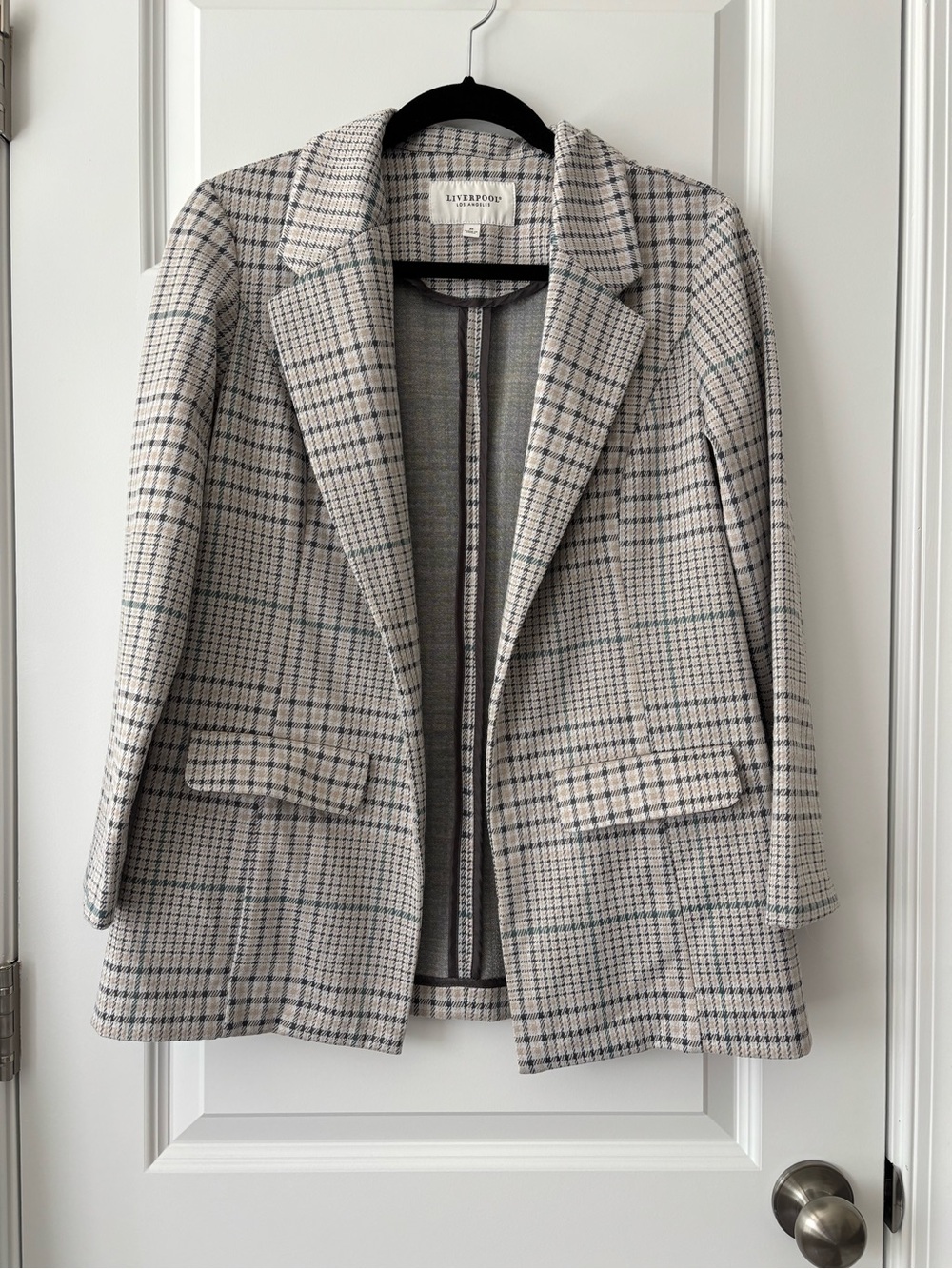 Liverpool Los Angeles Beige Gray Plaid Open Front Blazer Size M - Picture 2 of 12